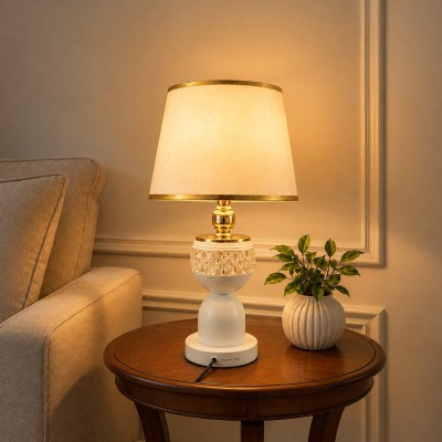 Material: Crystal  & Metal Shade: Fiber Design: Elegant & Premium Height: 19Inches Width: 10 Inches Suitable For: Bedroom, Living Room & Side Table Lighting: Warm & Cozy Ambianc